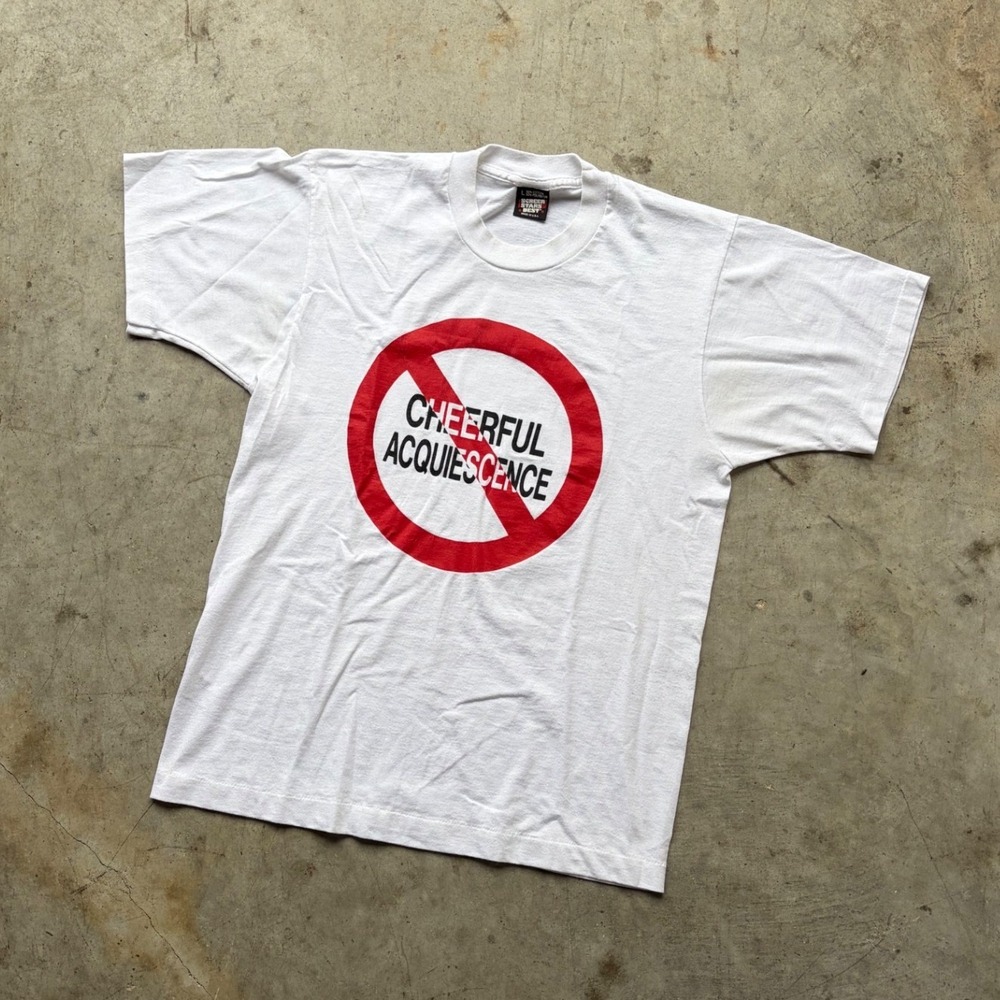 Vintage 90s Screen Stars Best No Cheerful Acquiescence T-Shirt White Large USA